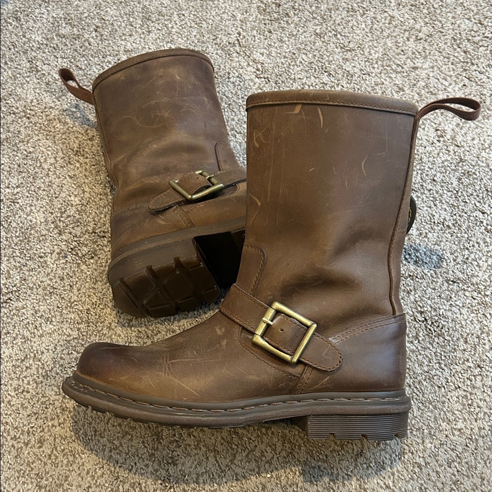 Dr. Martens Brown Leather Mid-Calf Buckle Boots